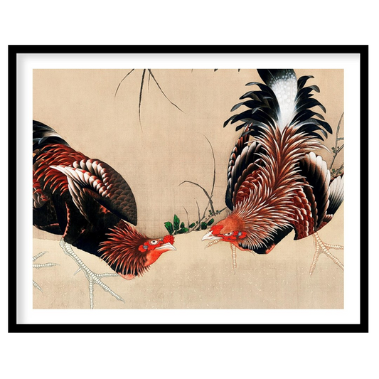 This exquisite artwork captures the intricate beauty of two roosters in a natural setting. The fine for kitchen