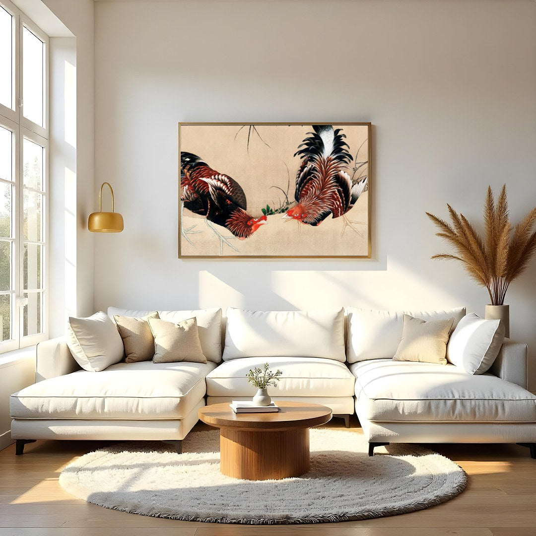 This exquisite artwork captures the intricate beauty of two roosters in a natural setting. The fine for Living Room