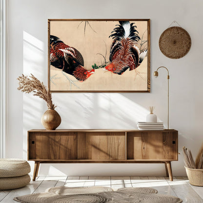 This exquisite artwork captures the intricate beauty of two roosters in a natural setting. The fine for Sitting Area