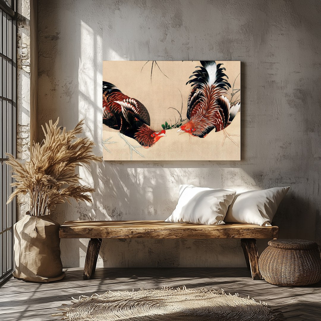 This exquisite artwork captures the intricate beauty of two roosters in a natural setting. The fine for Veranda