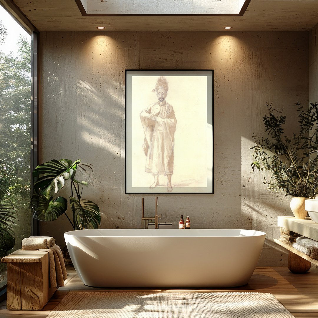 This exquisite sepia-toned artwork captures the serene grace of a sage holding a delicate for Bathroom