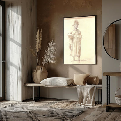 This exquisite sepia-toned artwork captures the serene grace of a sage holding a delicate for dwelling