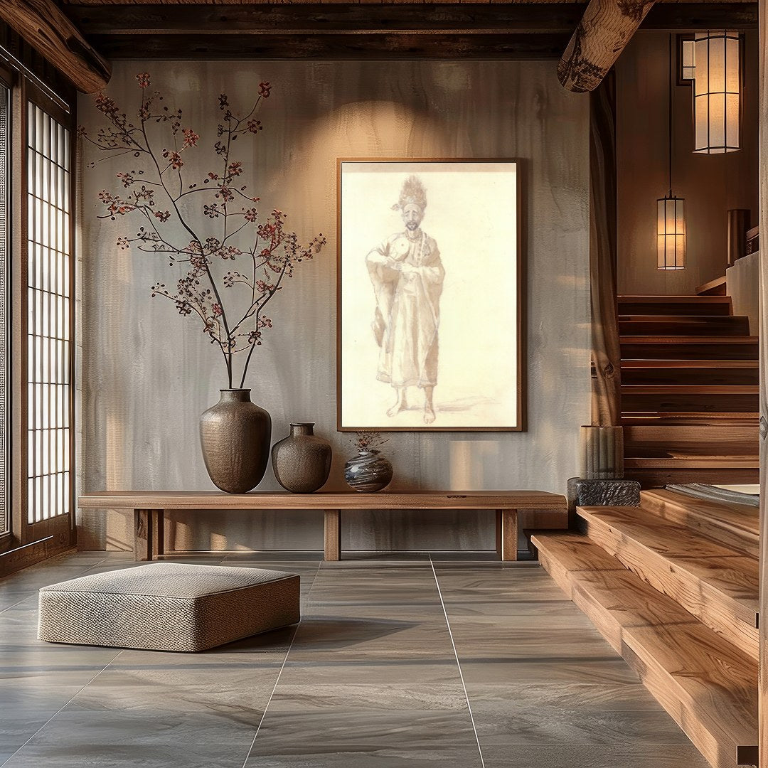 This exquisite sepia-toned artwork captures the serene grace of a sage holding a delicate for Hall