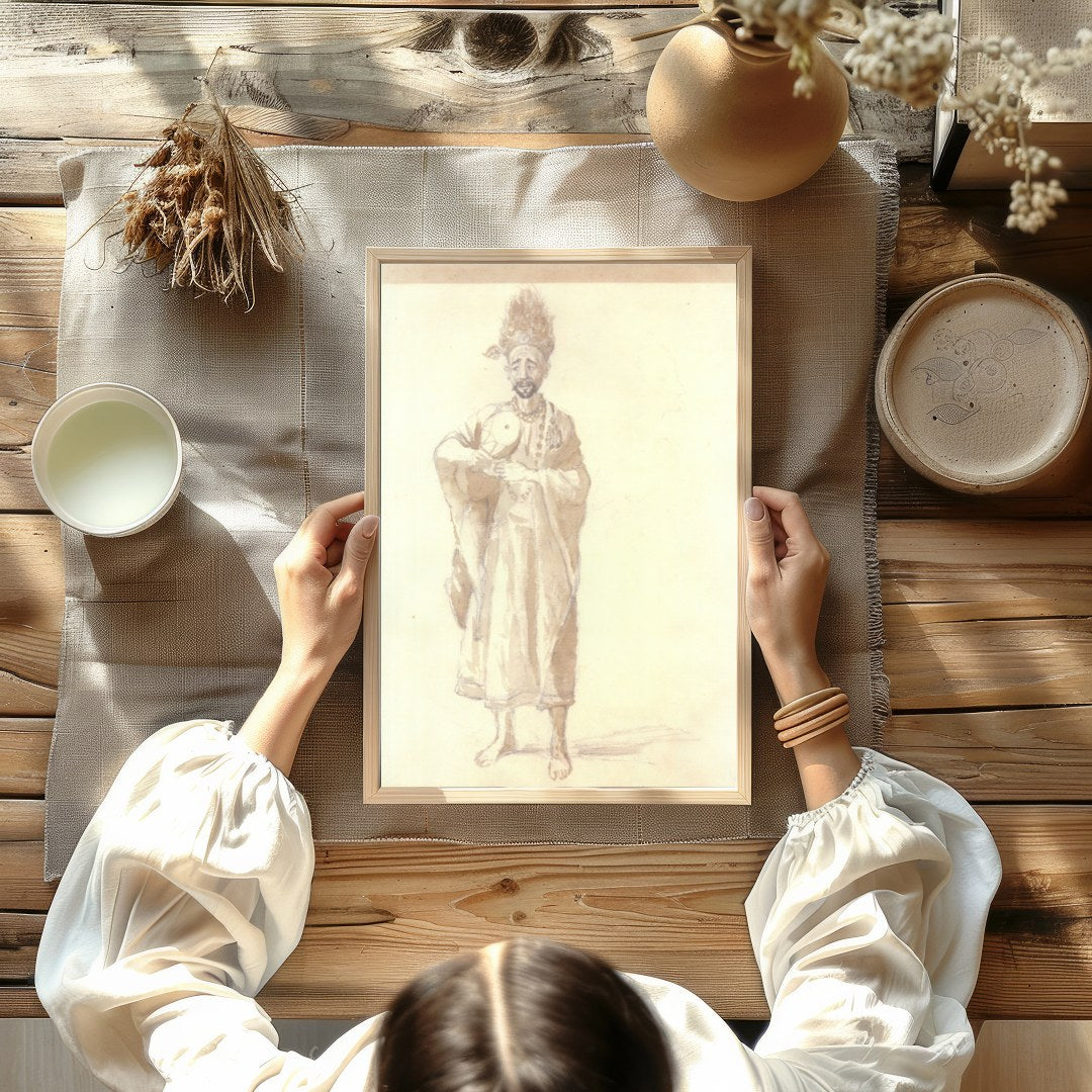 This exquisite sepia-toned artwork captures the serene grace of a sage holding a delicate for Kitchen