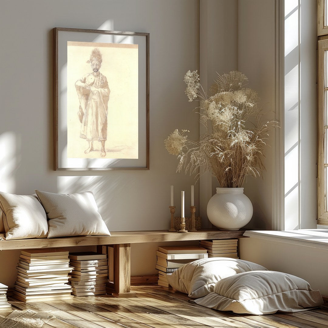 This exquisite sepia-toned artwork captures the serene grace of a sage holding a delicate for nook