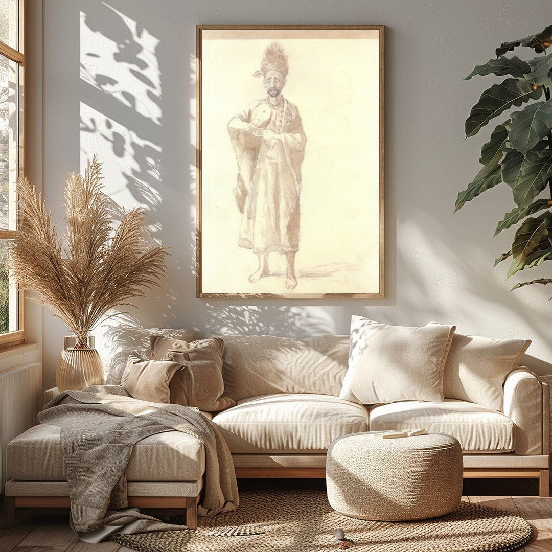 This exquisite sepia-toned artwork captures the serene grace of a sage holding a delicate for Sitting Area