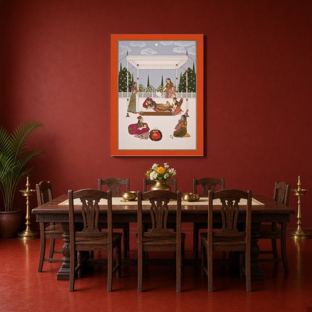 Immerse yourself in the tranquil elegance of Mughal artistry with this exquisite depiction of royal for Dining