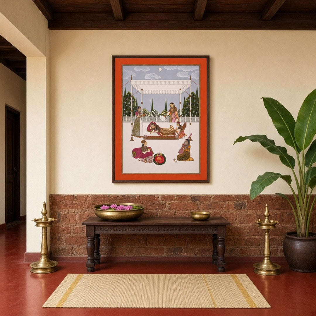 Immerse yourself in the tranquil elegance of Mughal artistry with this exquisite depiction of royal for Hallway