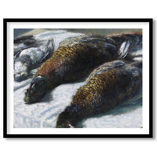 This captivating piece features a beautifully rendered portrait of game birds laid out on a for area