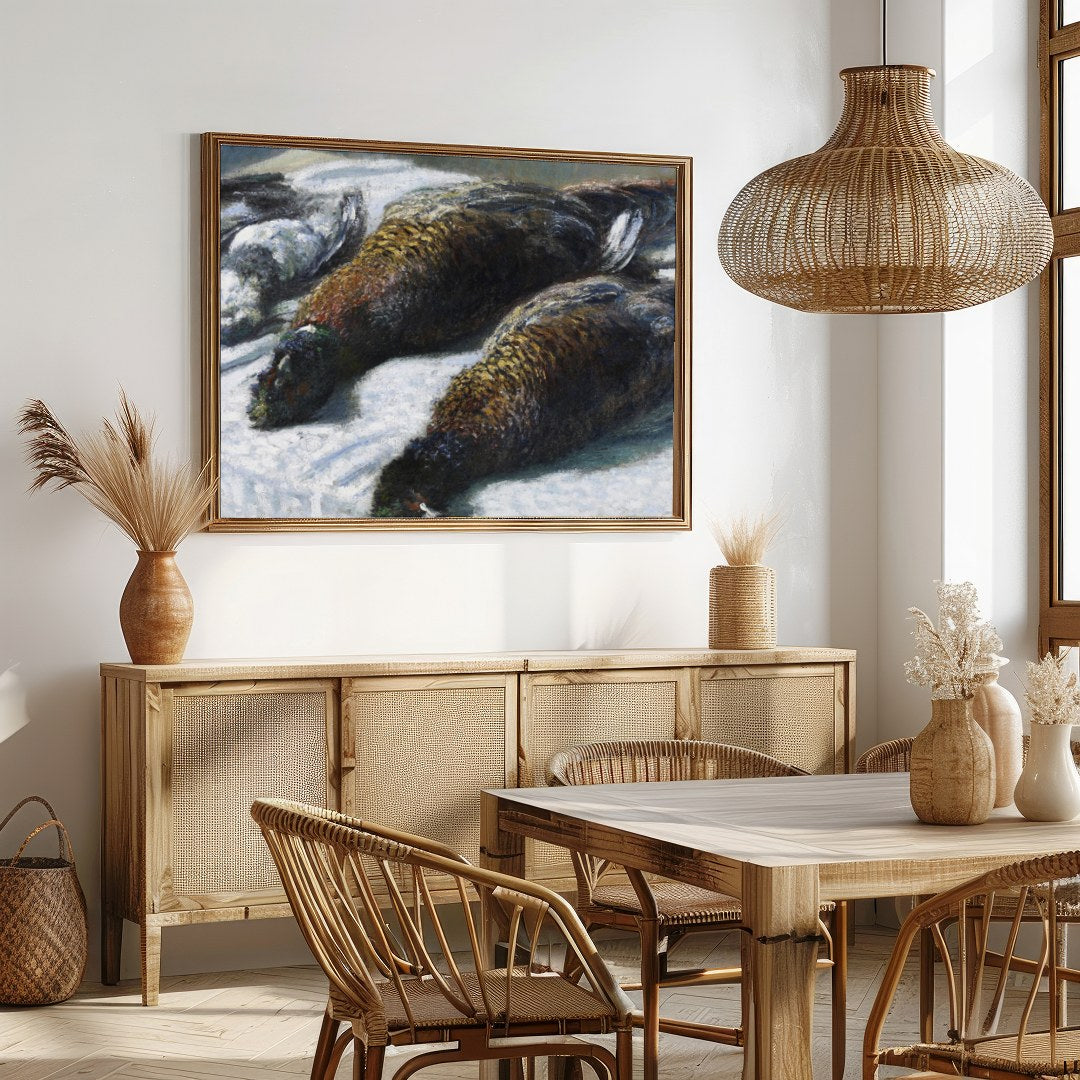 This captivating piece features a beautifully rendered portrait of game birds laid out on a for Dining