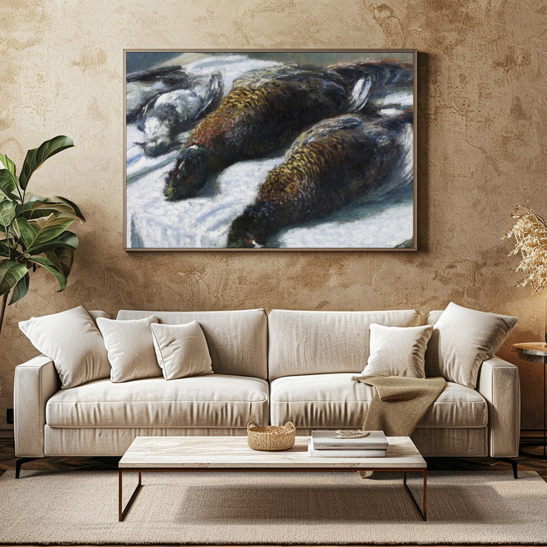 This captivating piece features a beautifully rendered portrait of game birds laid out on a for Family Room