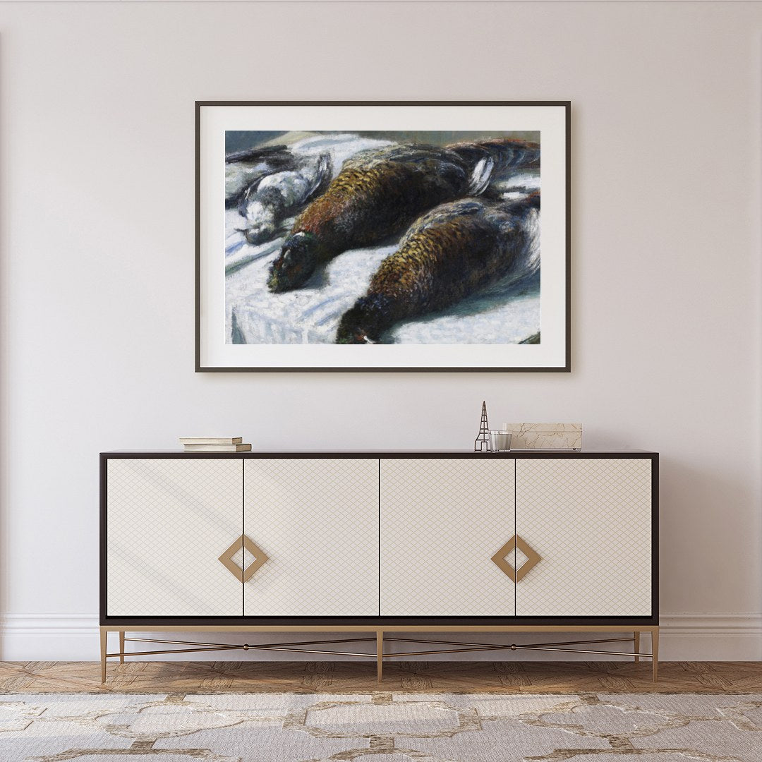 This captivating piece features a beautifully rendered portrait of game birds laid out on a for Foyer