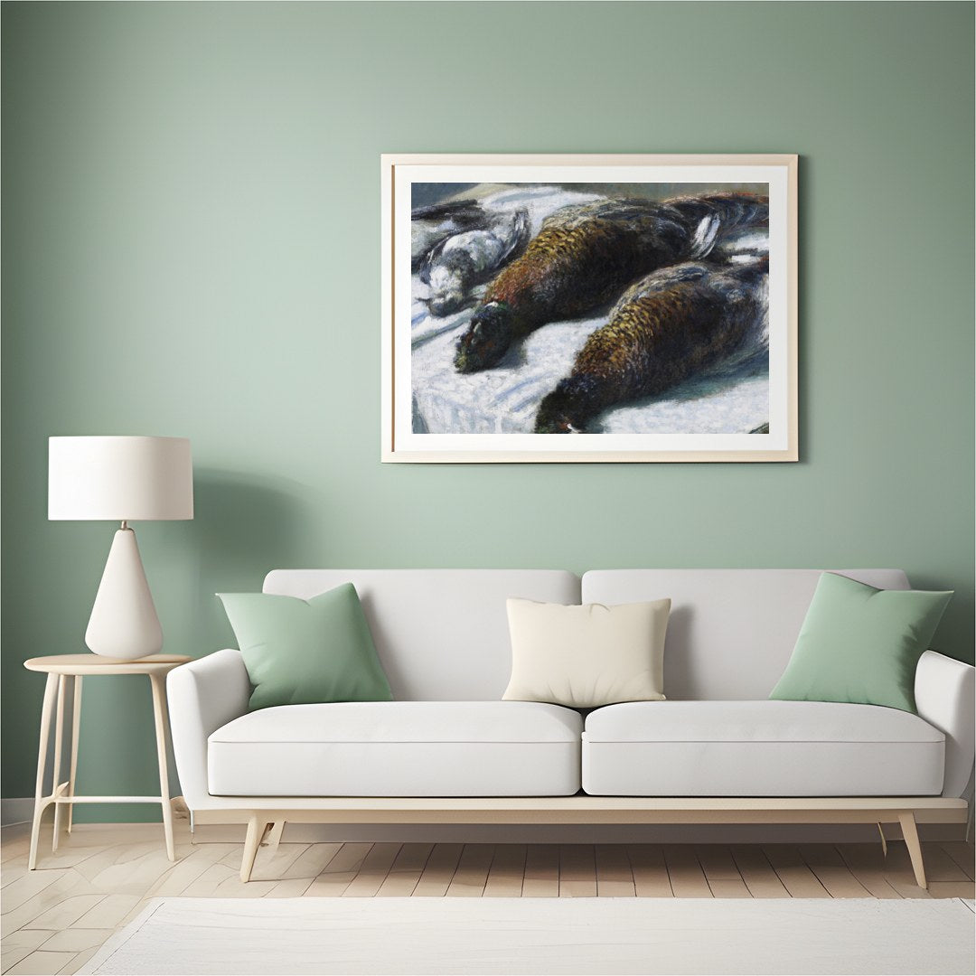 This captivating piece features a beautifully rendered portrait of game birds laid out on a for Hall