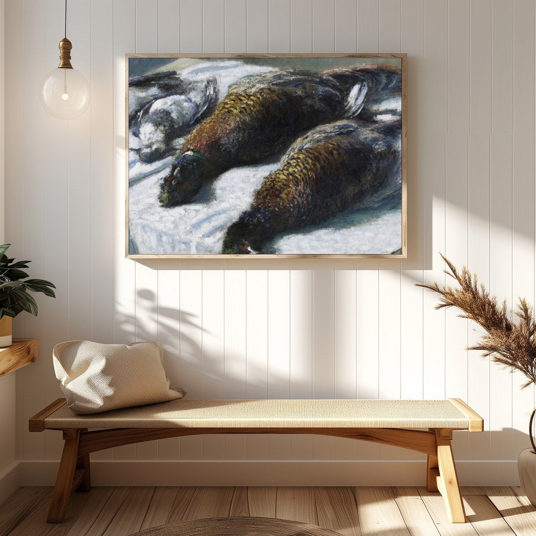 This captivating piece features a beautifully rendered portrait of game birds laid out on a for Hallway