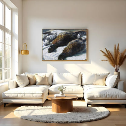 This captivating piece features a beautifully rendered portrait of game birds laid out on a for Living Room
