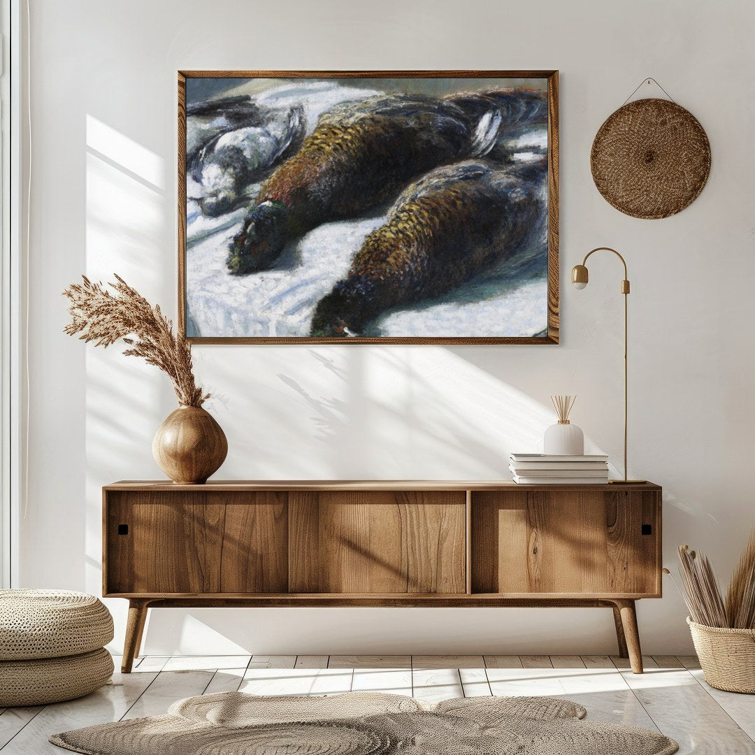 This captivating piece features a beautifully rendered portrait of game birds laid out on a for Sitting Area