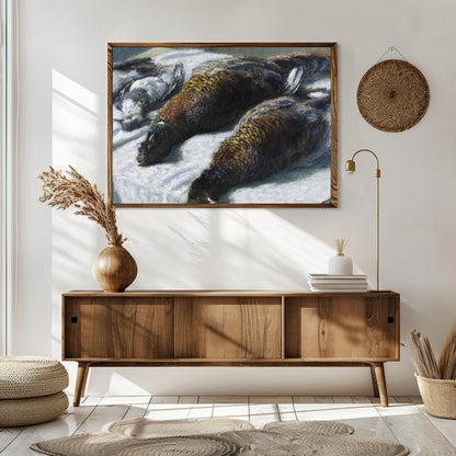 This captivating piece features a beautifully rendered portrait of game birds laid out on a for Sitting Area