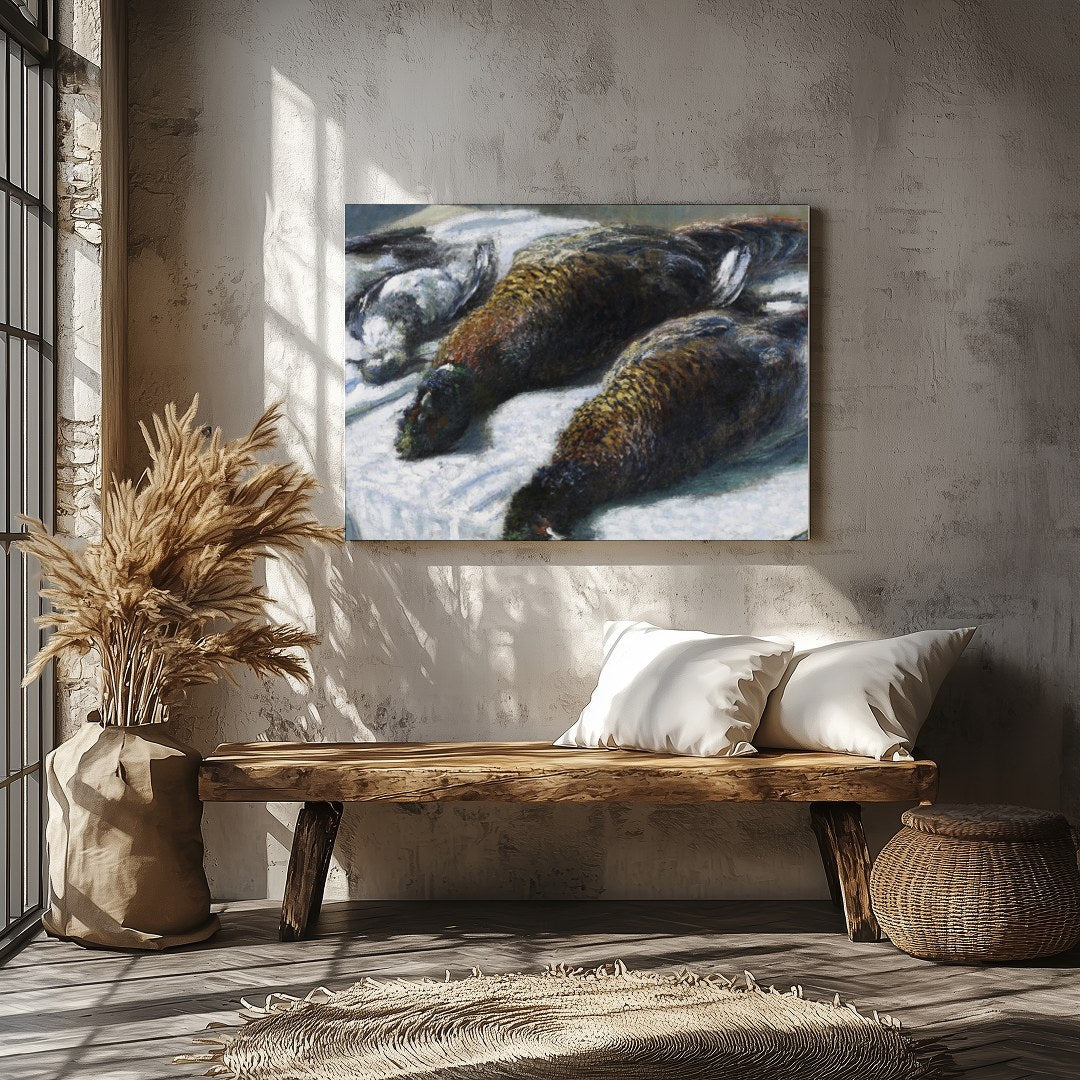 This captivating piece features a beautifully rendered portrait of game birds laid out on a for Veranda