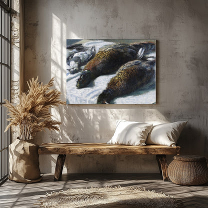 This captivating piece features a beautifully rendered portrait of game birds laid out on a for Veranda