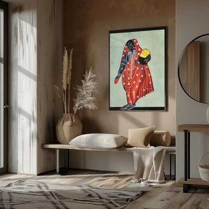 Discover the allure of tradition blended with modern artistry in this captivating piece. A woman for abode