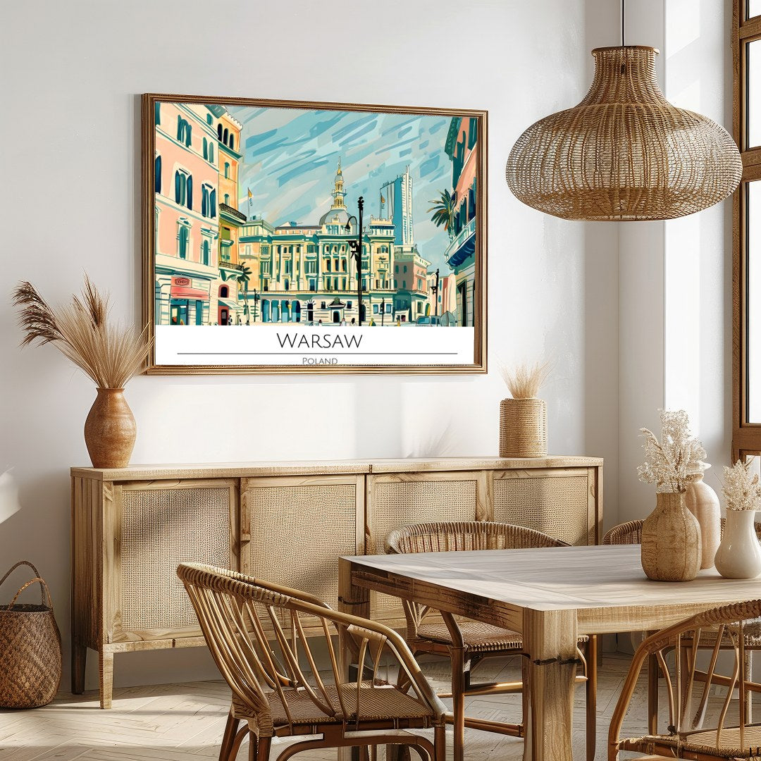 This vibrant illustration beautifully captures the essence of Warsaw's historic architecture and for Dining