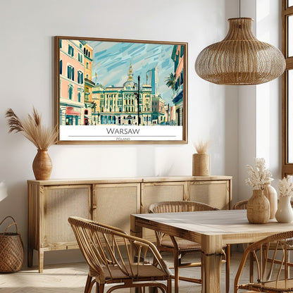 This vibrant illustration beautifully captures the essence of Warsaw's historic architecture and for Dining