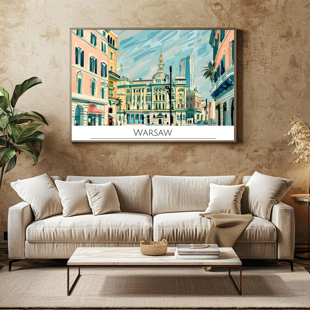 This vibrant illustration beautifully captures the essence of Warsaw's historic architecture and for Family Room