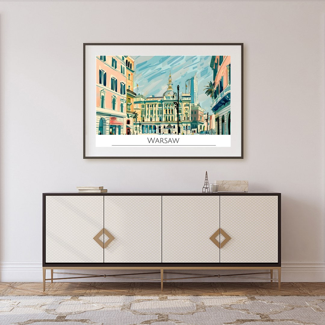 This vibrant illustration beautifully captures the essence of Warsaw's historic architecture and for Foyer