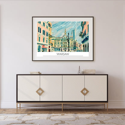 This vibrant illustration beautifully captures the essence of Warsaw's historic architecture and for Foyer
