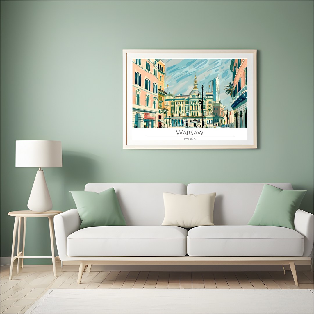 This vibrant illustration beautifully captures the essence of Warsaw's historic architecture and for Hall