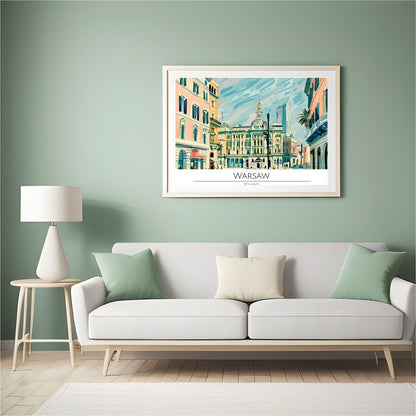 This vibrant illustration beautifully captures the essence of Warsaw's historic architecture and for Hall