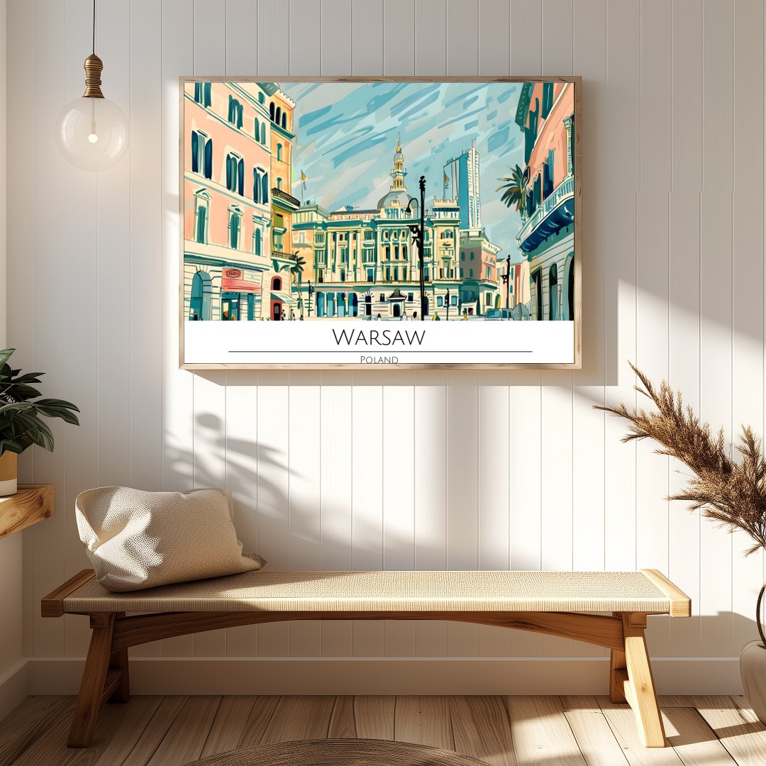 This vibrant illustration beautifully captures the essence of Warsaw's historic architecture and for Hallway