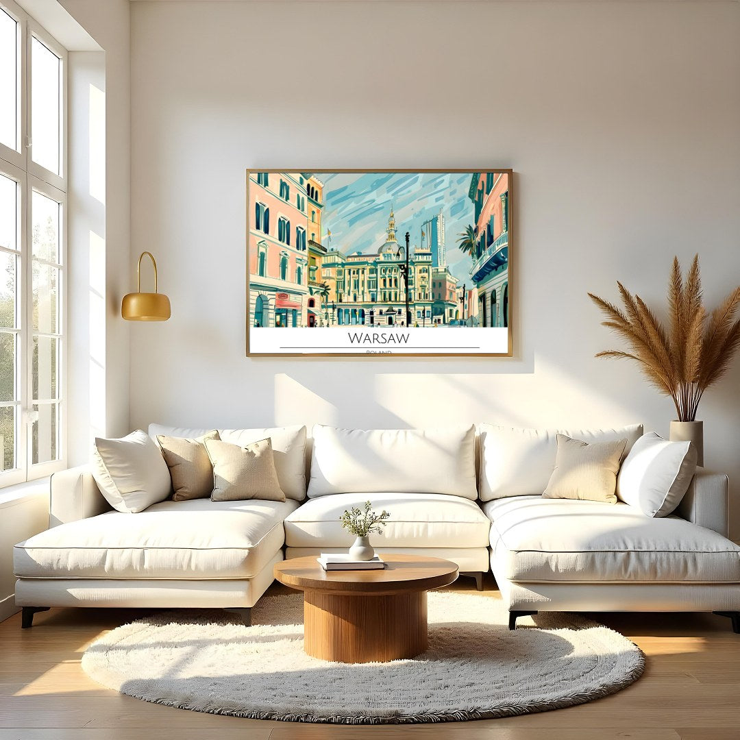 This vibrant illustration beautifully captures the essence of Warsaw's historic architecture and for Living Room