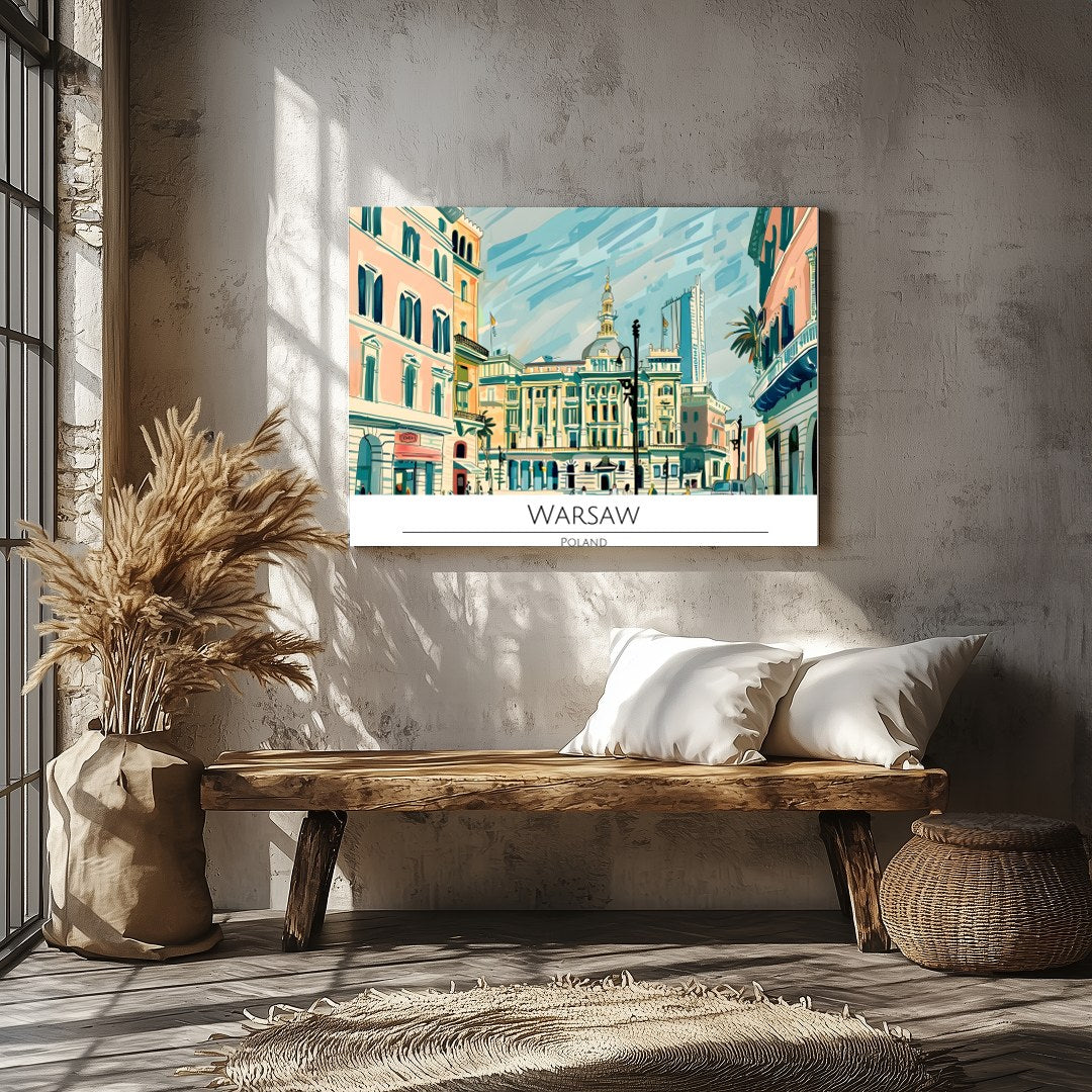 This vibrant illustration beautifully captures the essence of Warsaw's historic architecture and for Veranda
