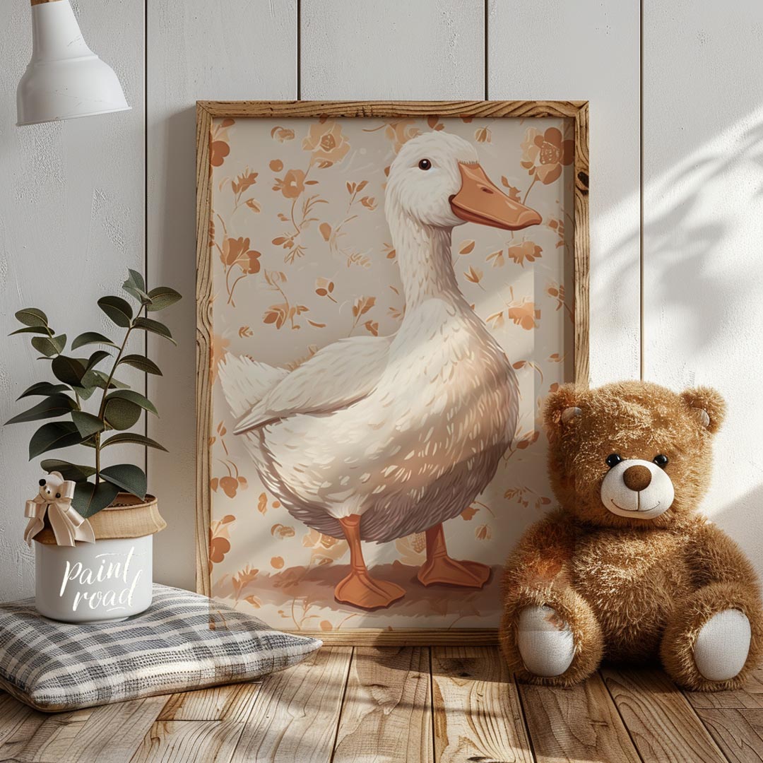 This beautiful watercolor illustration presents a majestic white duck standing gracefully, commandi… for nursery