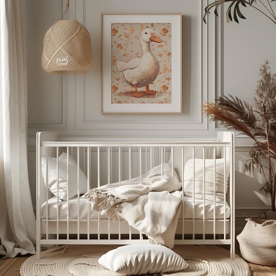 This beautiful watercolor illustration presents a majestic white duck standing gracefully, commandi… for nursery