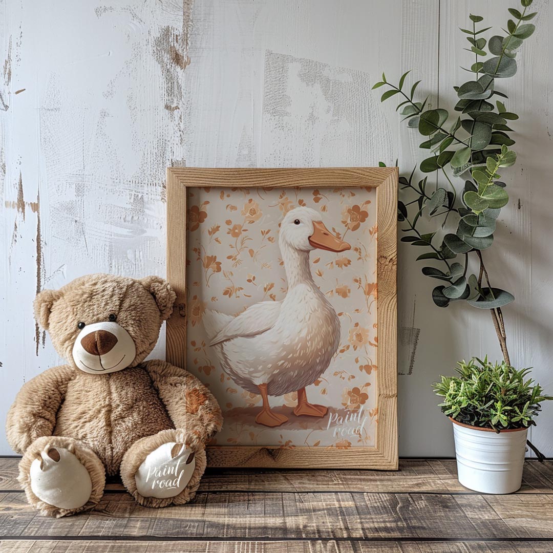 This beautiful watercolor illustration presents a majestic white duck standing gracefully, commandi… for nursery