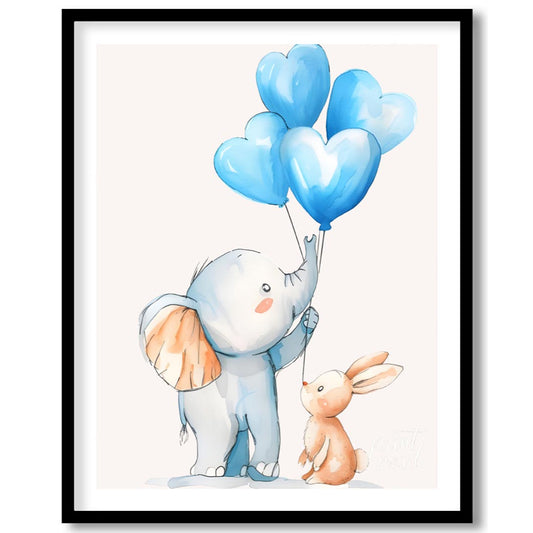 This charming illustration features a delightful baby elephant holding a bunch of heart-shaped blue… for abode