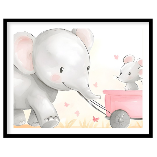 This incredibly sweet watercolor illustration captures a heartwarming scene of an elephant pulling … for room