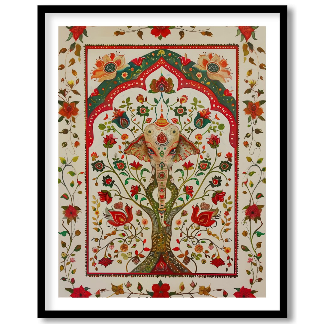 This intricate piece features a majestically detailed elephant amidst a lush tapestry of vibrant for area