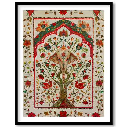 This intricate piece features a majestically detailed elephant amidst a lush tapestry of vibrant for area