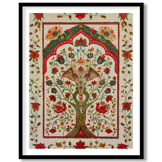 This intricate piece features a majestically detailed elephant amidst a lush tapestry of vibrant for area