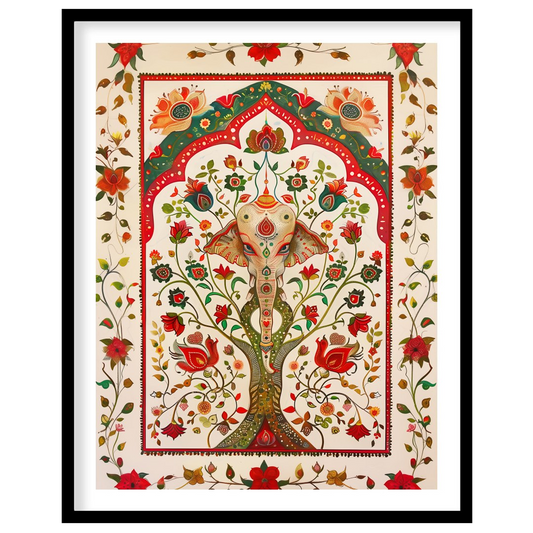 This intricate piece features a majestically detailed elephant amidst a lush tapestry of vibrant for area
