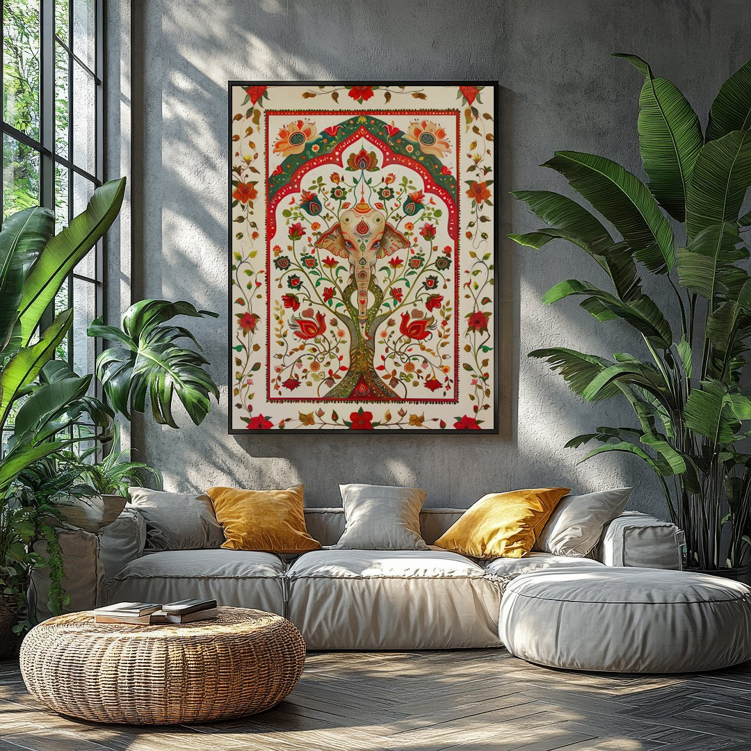 This intricate piece features a majestically detailed elephant amidst a lush tapestry of vibrant for Balcony