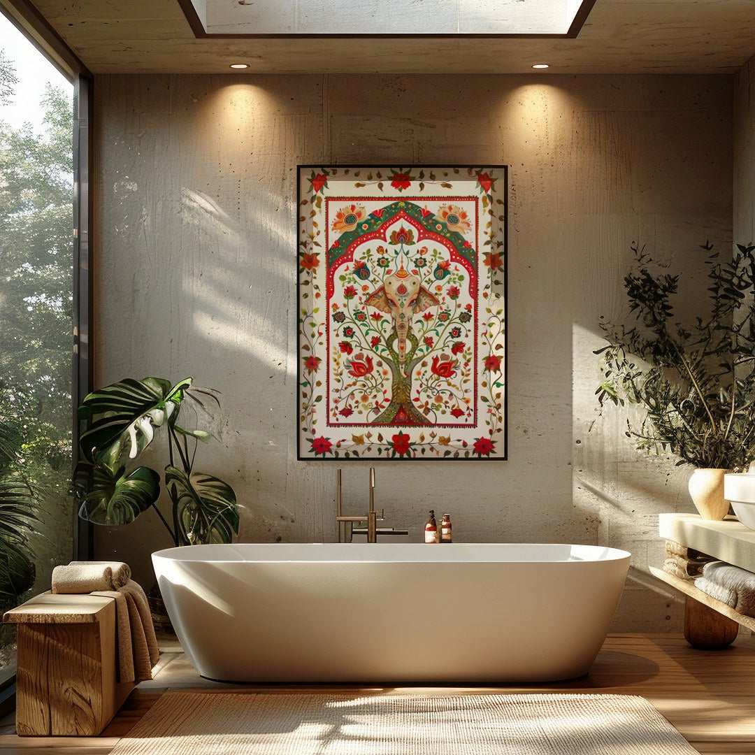 This intricate piece features a majestically detailed elephant amidst a lush tapestry of vibrant for Bathroom