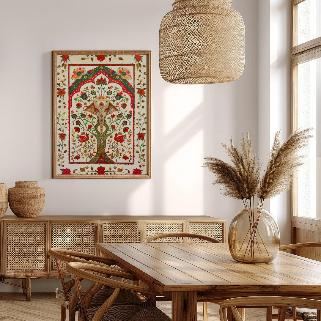 This intricate piece features a majestically detailed elephant amidst a lush tapestry of vibrant for Extra Kitchen