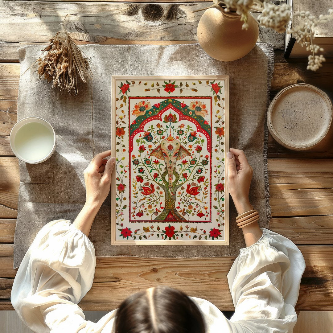 This intricate piece features a majestically detailed elephant amidst a lush tapestry of vibrant for Kitchen