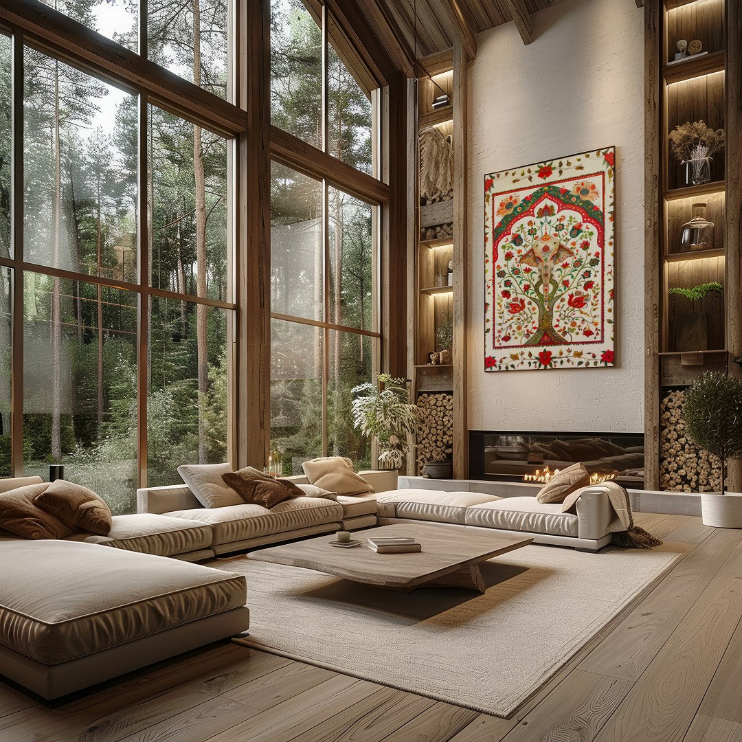 This intricate piece features a majestically detailed elephant amidst a lush tapestry of vibrant for Living Room