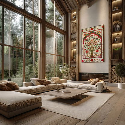 This intricate piece features a majestically detailed elephant amidst a lush tapestry of vibrant for Living Room