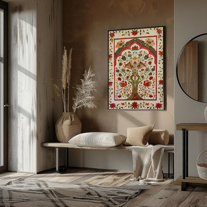 This intricate piece features a majestically detailed elephant amidst a lush tapestry of vibrant for living-space